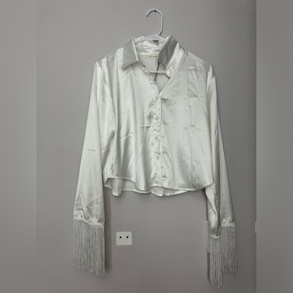 NWT Ellison Satin Fringe Sleeve Blouse